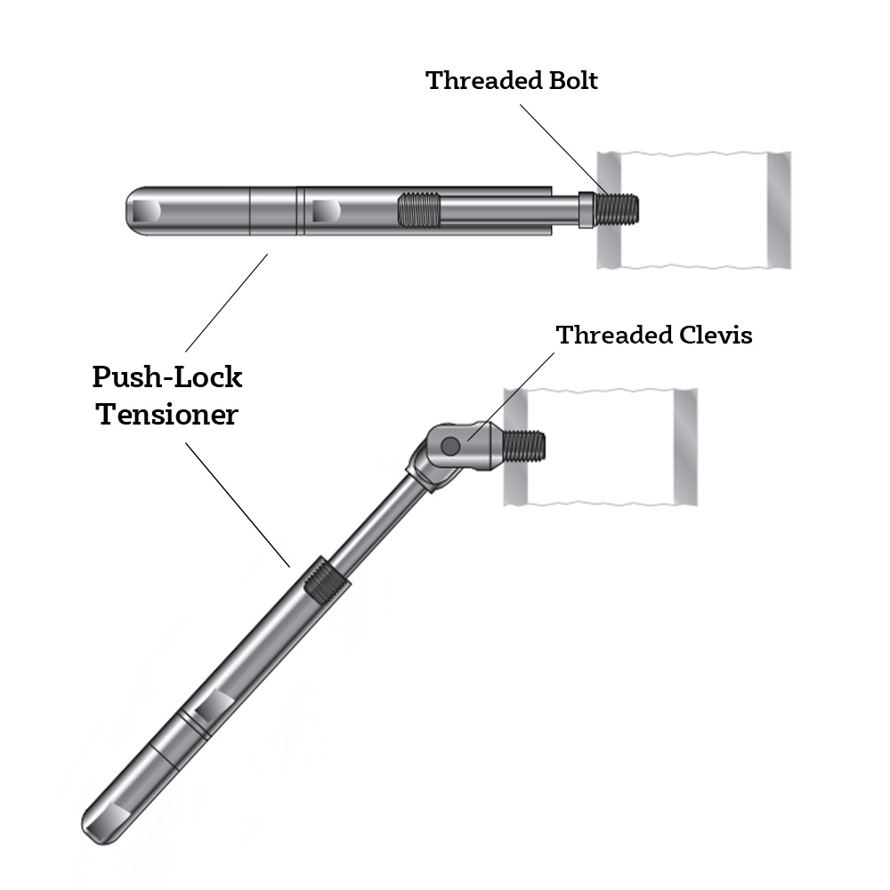 Push-Lock Tensioner with Threaded Bolt or Threaded Clevis Installation Diagram